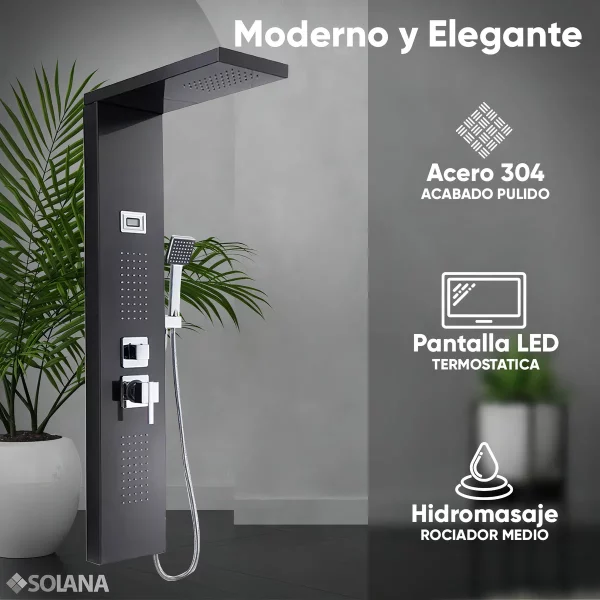 Regadera Panel de Ducha Modelo Young con Panel LED Regadera de Mano Salida de Agua Modo Lluvia e Hidromasaje