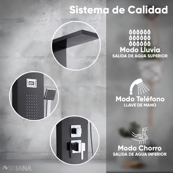 Regadera Panel de Ducha Modelo Young con Panel LED Regadera de Mano Salida de Agua Modo Lluvia e Hidromasaje
