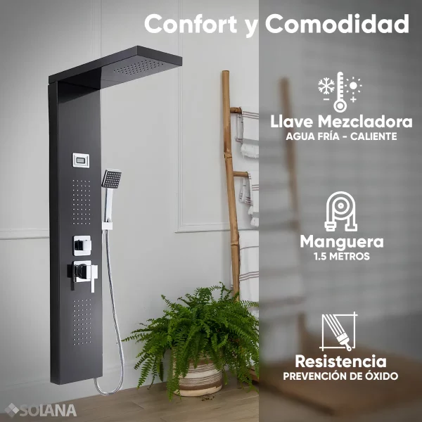 Regadera Panel de Ducha Modelo Young con Panel LED Regadera de Mano Salida de Agua Modo Lluvia e Hidromasaje