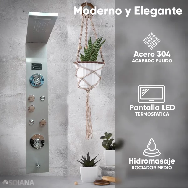 Regadera Panel de Ducha Modelo Petra Plus con Panel LED Regadera de Mano Salida de Agua Modo Lluvia e Hidromasaje