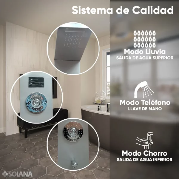 Regadera Panel de Ducha Modelo Petra Plus con Panel LED Regadera de Mano Salida de Agua Modo Lluvia e Hidromasaje