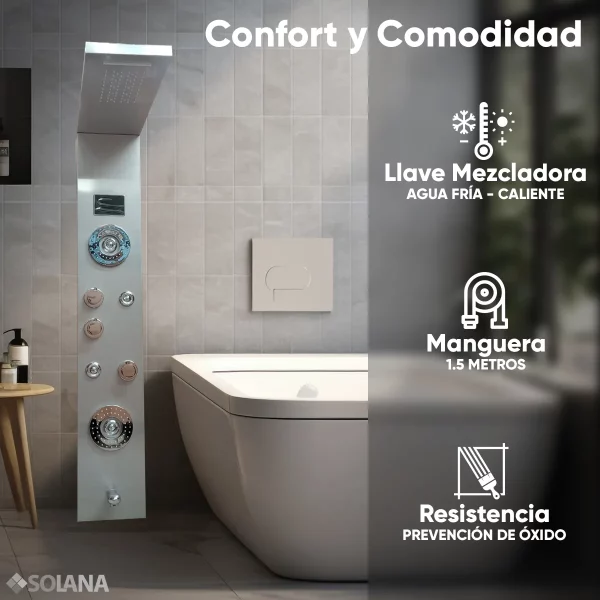 Regadera Panel de Ducha Modelo Petra Plus con Panel LED Regadera de Mano Salida de Agua Modo Lluvia e Hidromasaje