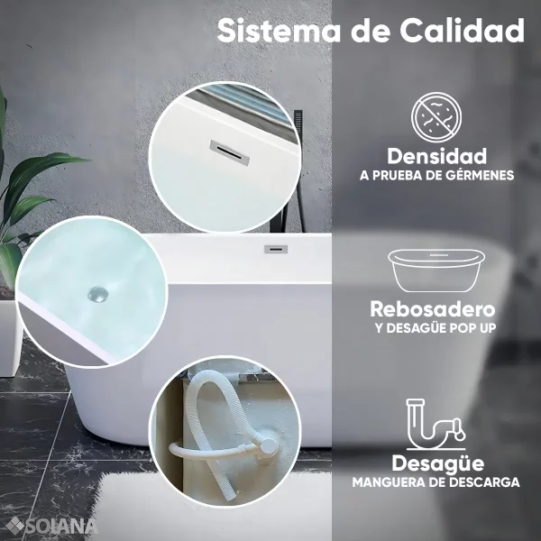 BT608B-15 2 Tina de Baño Solana Modelo Aurora Blanco de Alto Brillo Jacuzzi con Diseño Ovalado en Acrilico Solido 150cm x 80cm