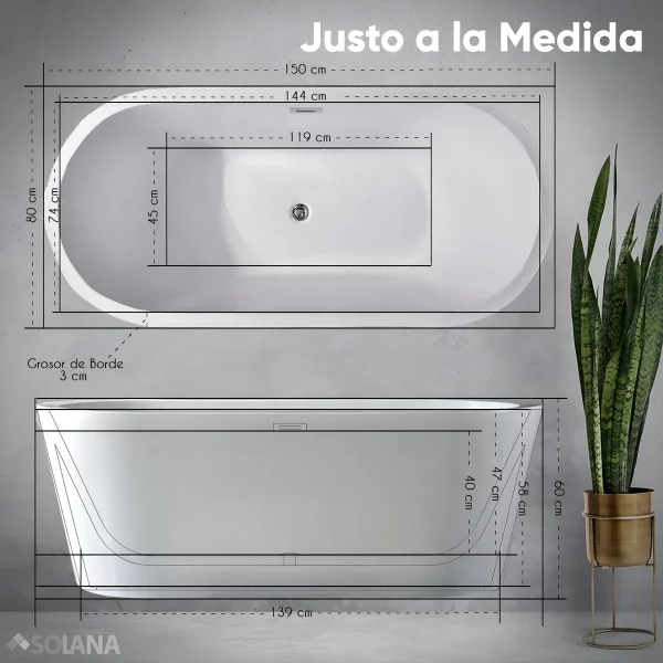 BT608B-15 4 Tina de Baño Solana Modelo Aurora Blanco de Alto Brillo Jacuzzi con Diseño Ovalado en Acrilico Solido 150cm x 80cm