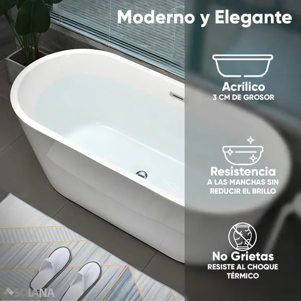 BT608B-15 Tina de Baño Solana Modelo Aurora Blanco de Alto Brillo Jacuzzi con Diseño Ovalado en Acrilico Solido 150cm x 80cm