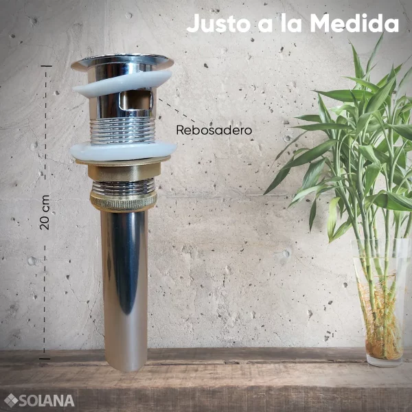 Contra Push de Lavabo con Rebosadero Solana Modelo Alhelí De Acero Inoxidable 304 / Desagüe Completo Universal Cromo Tubular Con Sistema Pop Up