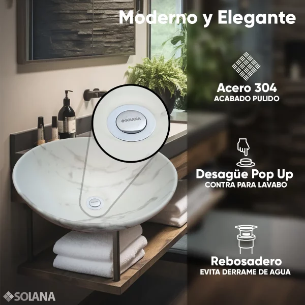 Contra Push de Lavabo con Rebosadero Solana Modelo Alhelí De Acero Inoxidable 304 / Desagüe Completo Universal Cromo Tubular Con Sistema Pop Up