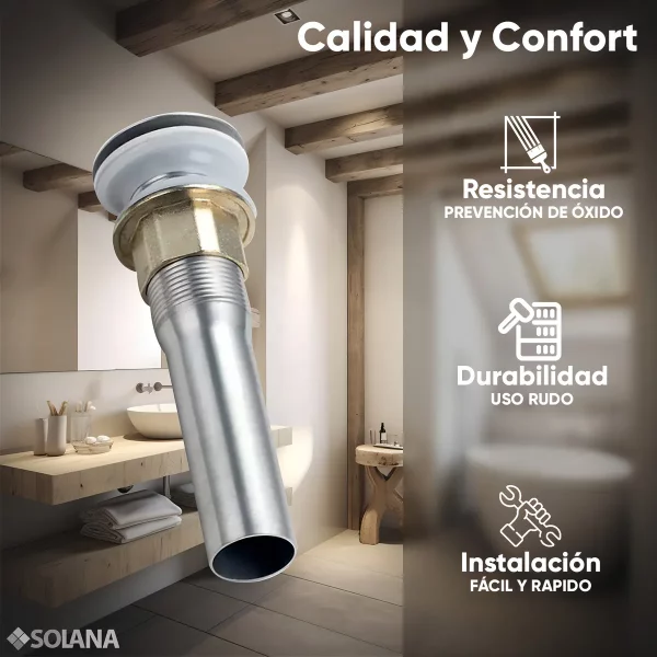 Contra Push de Lavabo sin Rebosadero Solana Modelo Roma De Acero Inoxidable 304 / Desagüe Completo Universal Cromo Tubular Con Sistema Pop Up