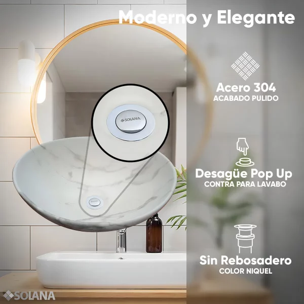Contra Push de Lavabo sin Rebosadero Solana Modelo Roma De Acero Inoxidable 304 / Desagüe Completo Universal Cromo Tubular Con Sistema Pop Up