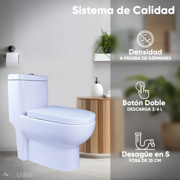 Inodoro / Taza De Baño Cerámica a 1 Pieza Solana TT7923 Montada Sobre Piso De 67x38x70 Cm / Alta Densidad A Prueba De Gérmenes Con Botón Doble Descarga de Agua
