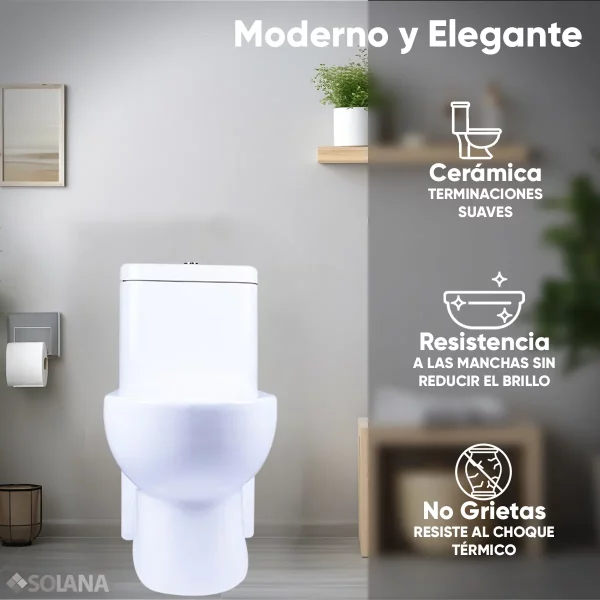 Inodoro / Taza De Baño Cerámica a 1 Pieza Solana TT7923 Montada Sobre Piso De 67x38x70 Cm / Alta Densidad A Prueba De Gérmenes Con Botón Doble Descarga de Agua