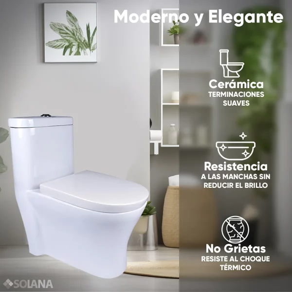 Inodoro / Taza De Baño Cerámica a 1 Pieza Solana TT7924 Montada Sobre Piso De 68x36x76 Cm / Alta Densidad A Prueba De Gérmenes Con Botón Doble Descarga de Agua