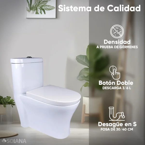 Inodoro / Taza De Baño Cerámica a 1 Pieza Solana TT7924 Montada Sobre Piso De 68x36x76 Cm / Alta Densidad A Prueba De Gérmenes Con Botón Doble Descarga de Agua