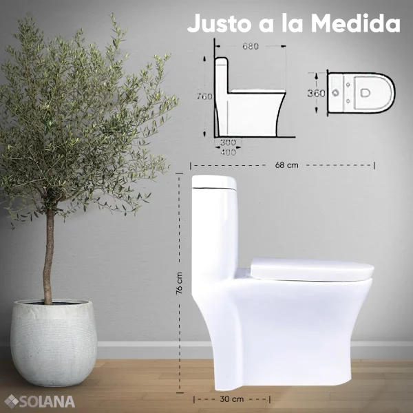 Inodoro / Taza De Baño Cerámica a 1 Pieza Solana TT7924 Montada Sobre Piso De 68x36x76 Cm / Alta Densidad A Prueba De Gérmenes Con Botón Doble Descarga de Agua